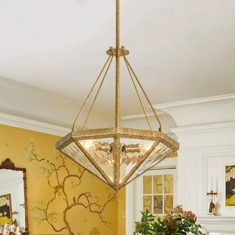 French Antique Gold Geometric Water Glass Cage Chandelier — LightFixturesUSA LED Pendant Lights 40.0W 