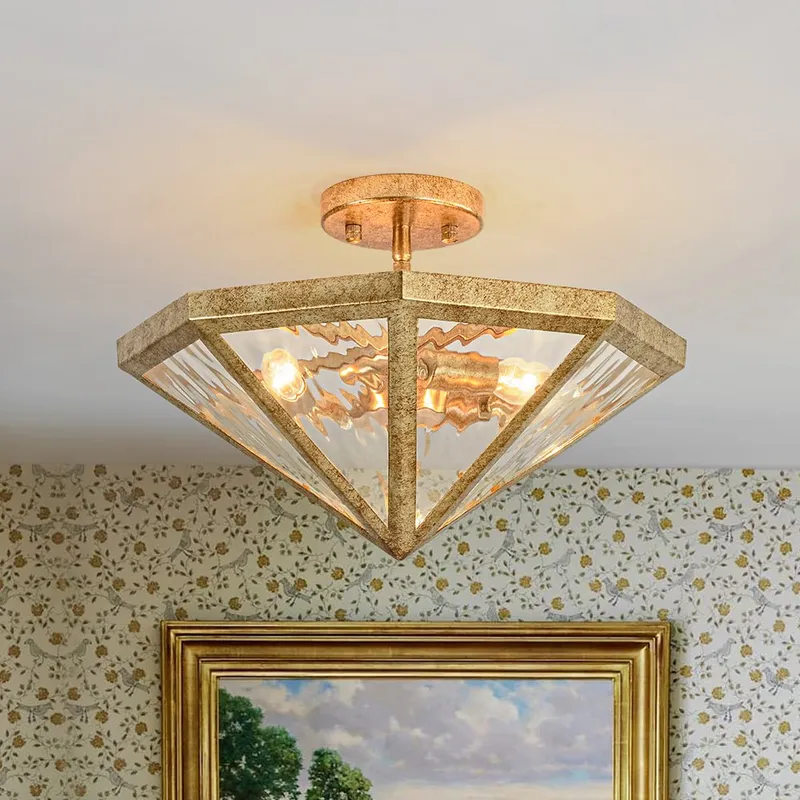 Distressed Gold Geometric Water Glass Cage Semi Flush Mount — LightFixturesUSA LED Ceiling Lights 60.0W 