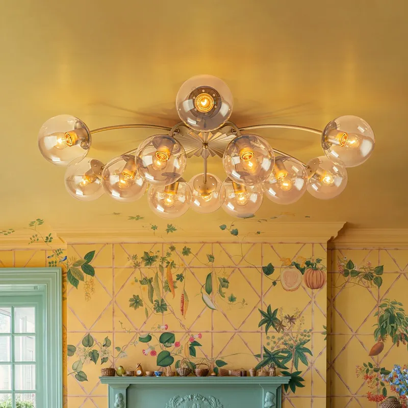 Retro Bloom 12-Light Amber Glass Bubble Semi Flush Chandelier — LightFixturesUSA LED Pendant Lights 25.0W 