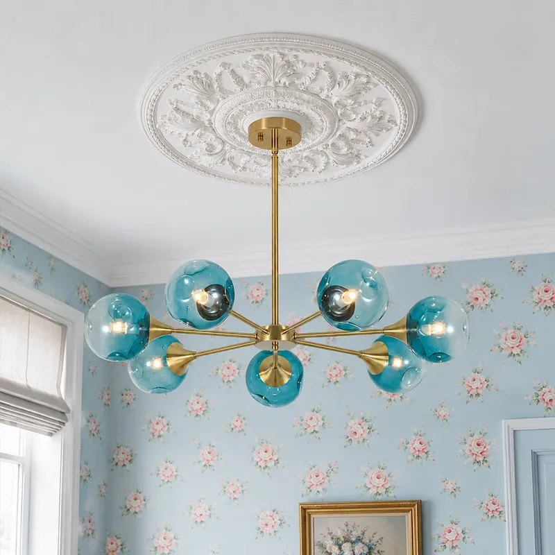 7-light Gradient Blue Glass Globe Round Sputnik Chandelier — LightFixturesUSA LED Pendant Lights 40.0W 