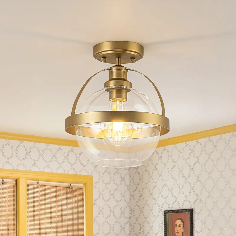 Brass 1-Light Clear Glass Sphere Globe Semi-Flush Mount — LightFixturesUSA LED Ceiling Lights 60.0W 