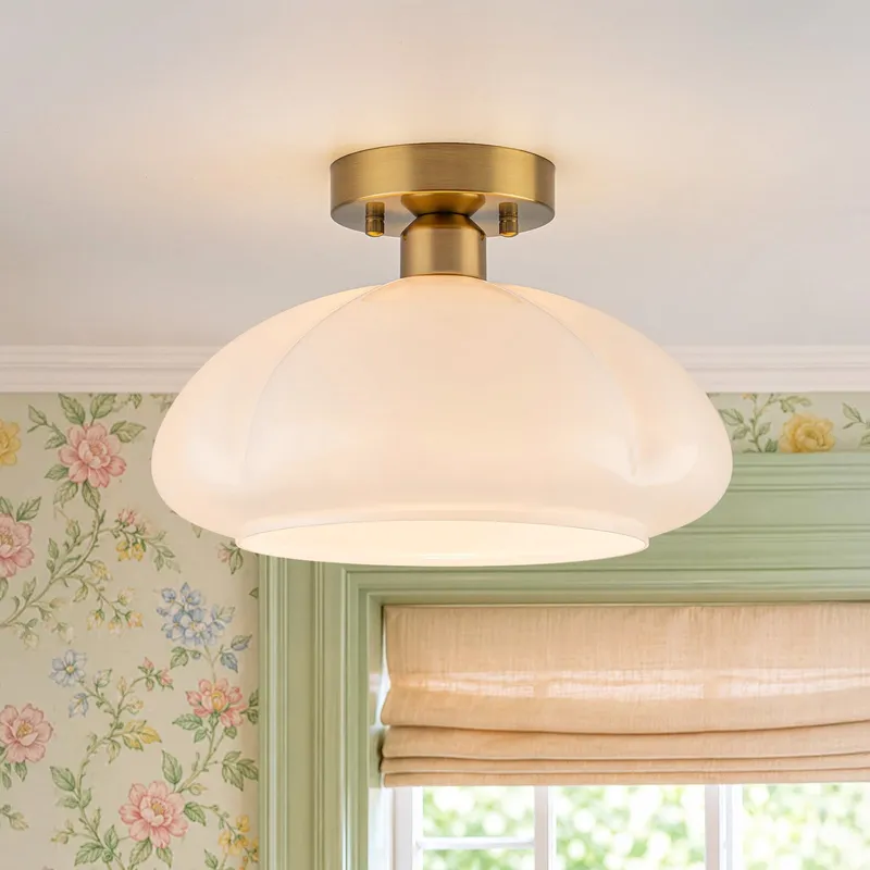 1-Light Shine Opal Glass Round Scalloped Pleated Semi Flush — LightFixturesUSA LED Ceiling Lights 60.0W 