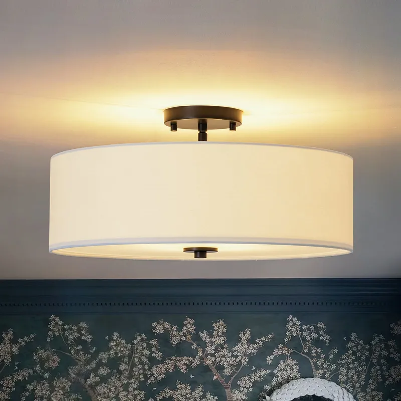 4-Light White Linen Round Drum Semi Flush Mount — LightFixturesUSA LED Ceiling Lights 60.0W 