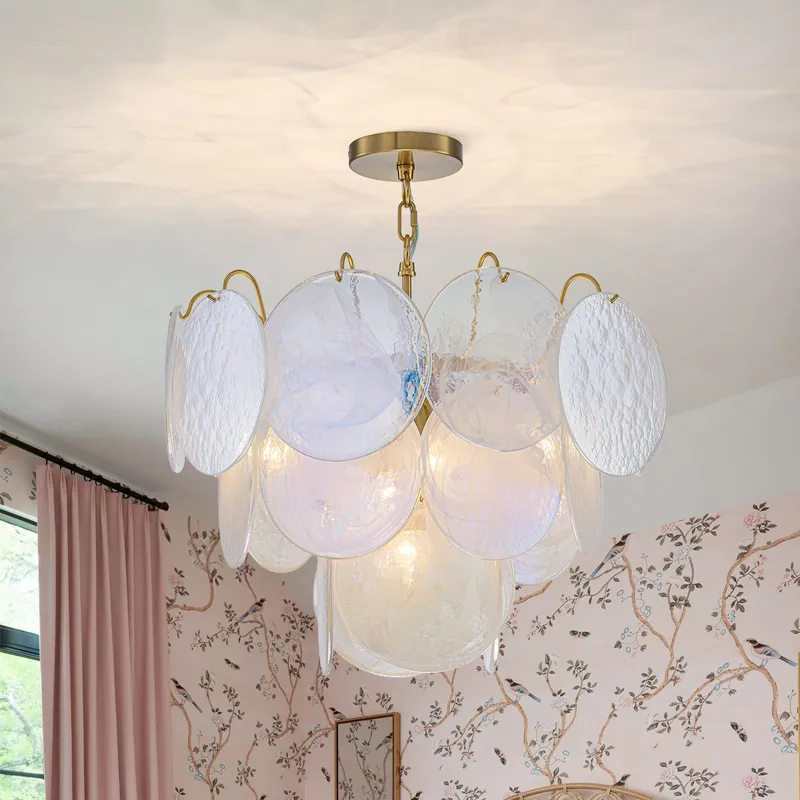 Glam White Iridescent Swirl Glass Round Tiered Chandelier — LightFixturesUSA LED Pendant Lights 40.0W 