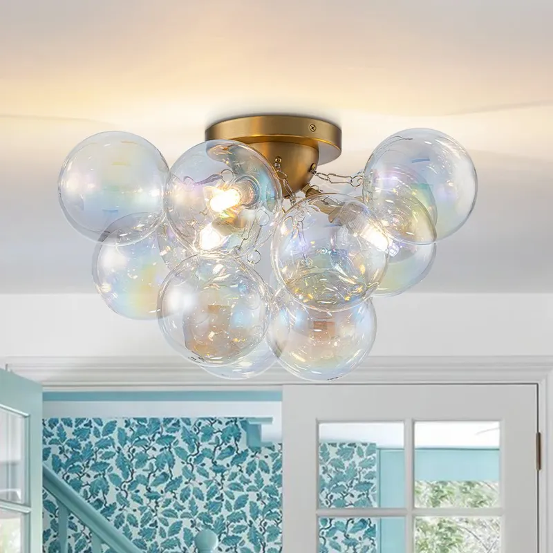 Brass Cluster Iridescent Glass Globe Bubble Ceiling Light — LightFixturesUSA LED Ceiling Lights 40.0W 