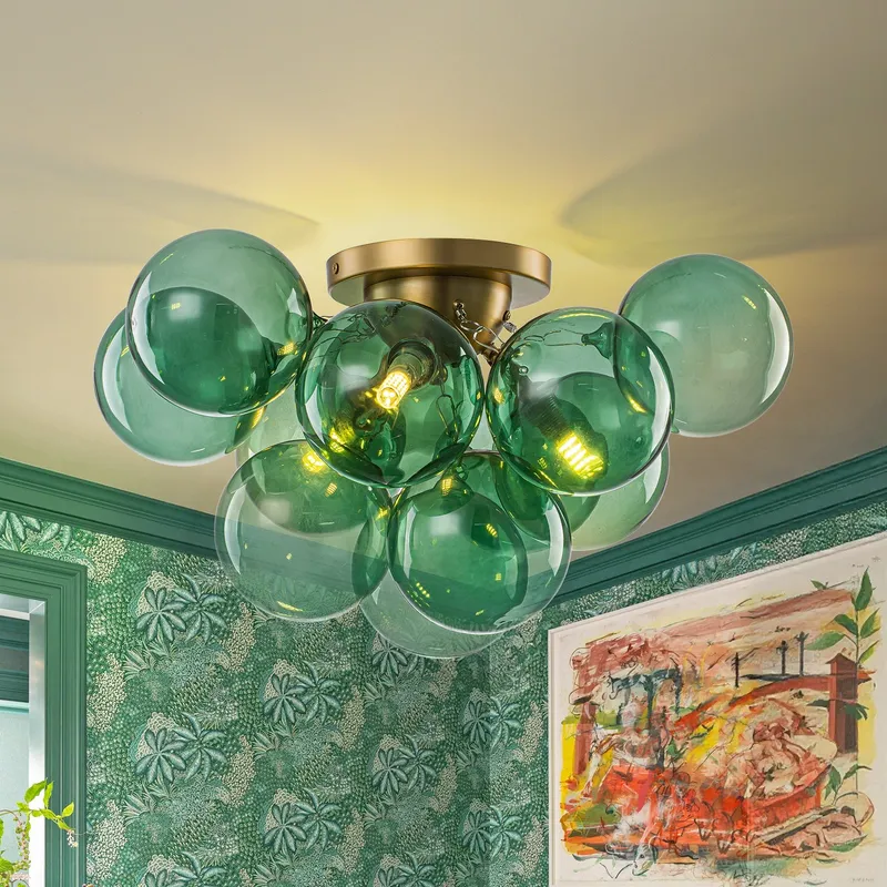3-Light Cluster Green Tinted Glass Globe Bubble Semi Flush — LightFixturesUSA LED Ceiling Lights 40.0W 