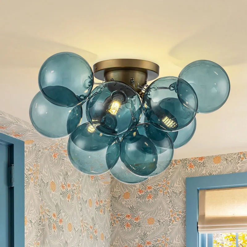3-Light Brass Cluster Blue Glass Globe Bubble Ceiling Light — LightFixturesUSA LED Pendant Lights 25.0W 