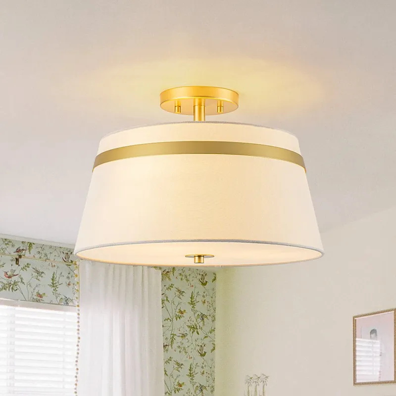 Brass 3-Light White Fabric Drum Cage Semi Flush Mount — LightFixturesUSA LED Ceiling Lights 40.0W 