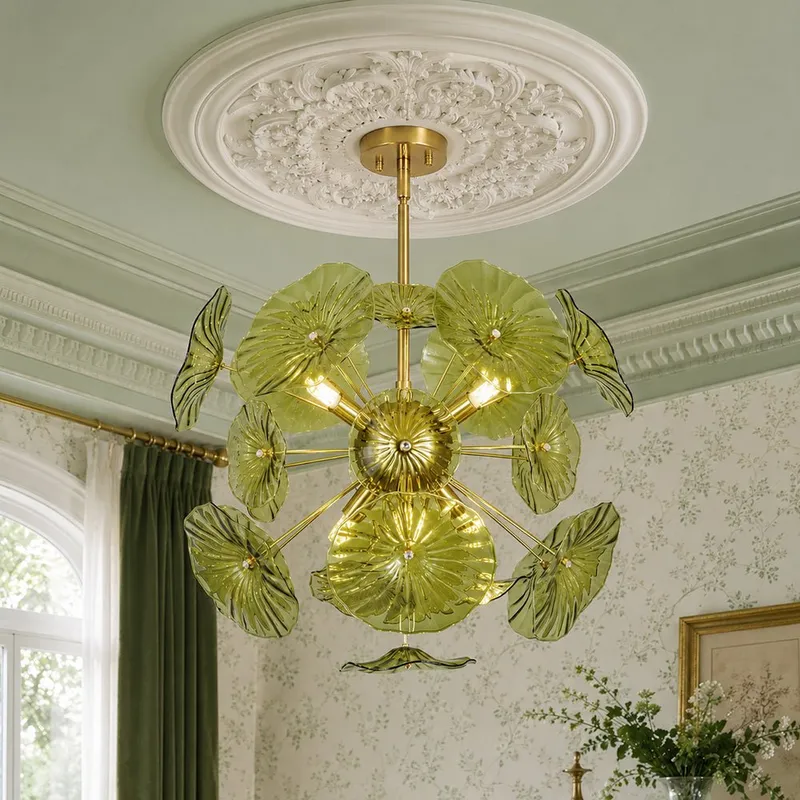 Summer Art Deco Bloom Green Lotus Leaf Sunburst Chandelier — LightFixturesUSA LED Pendant Lights 25.0W 