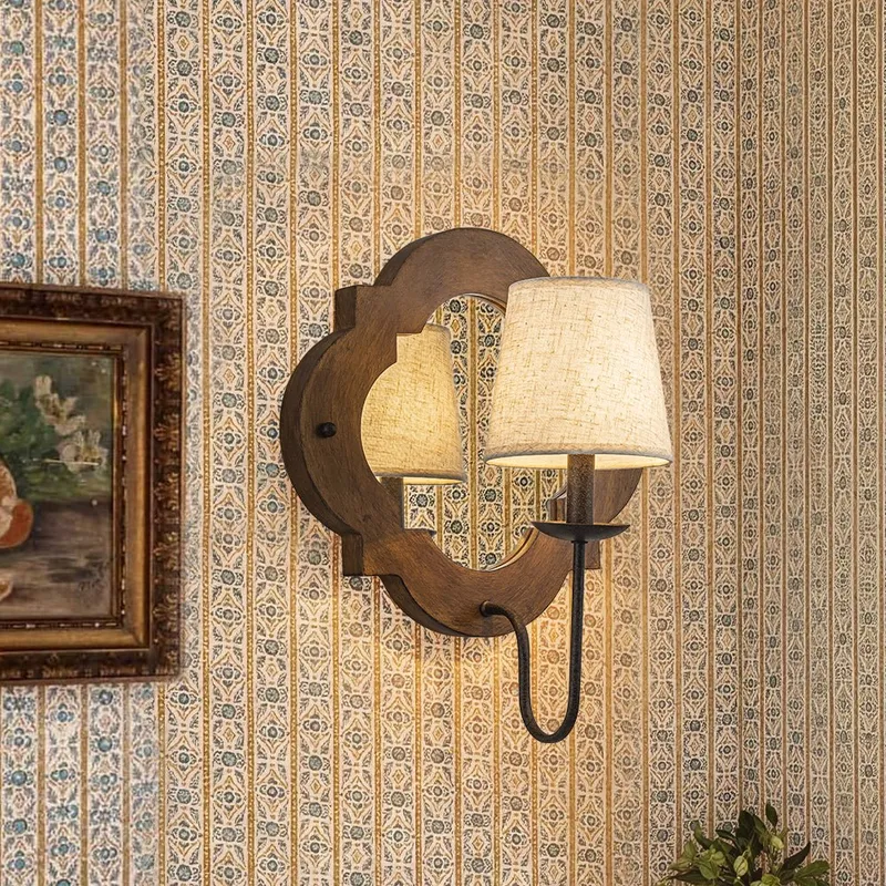 Vintage 1-Light Wood Mirror Linen Tapered Shade Wall Sconce — LightFixturesUSA LED Linear Lights 60.0W 