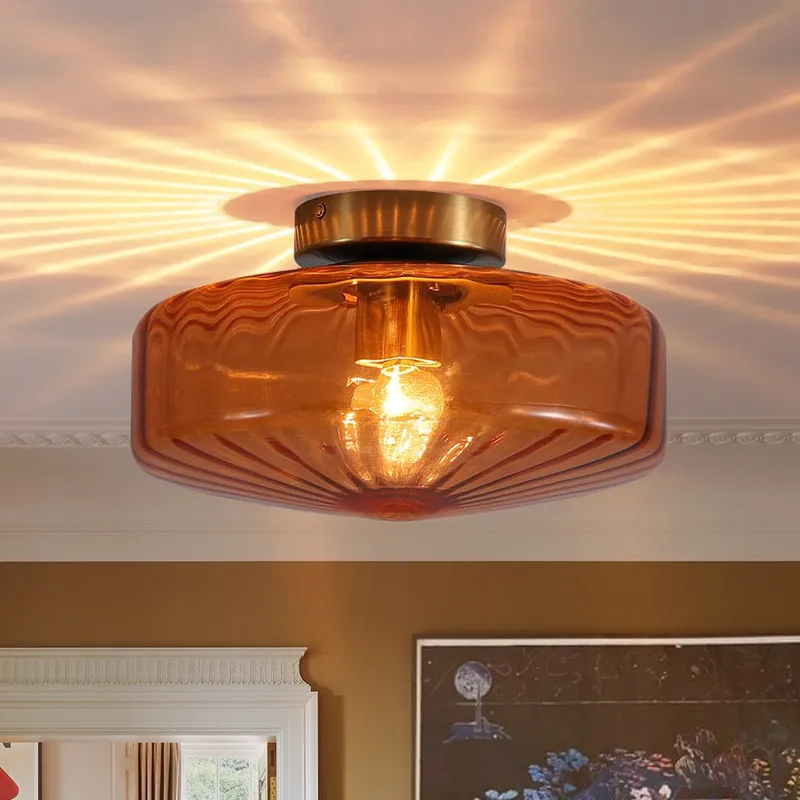 (OpenBox) 1-Light Caramel Amber Ribbed Glass Round Semi Flush Mount — LightFixturesUSA LED Ceiling Lights 60.0W 