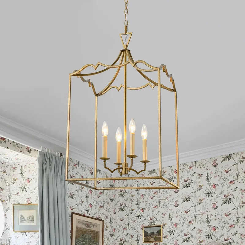 (OpenBox) French Distressed Gold Candle Square Lantern Chandelier — LightFixturesUSA LED Pendant Lights 60.0W 