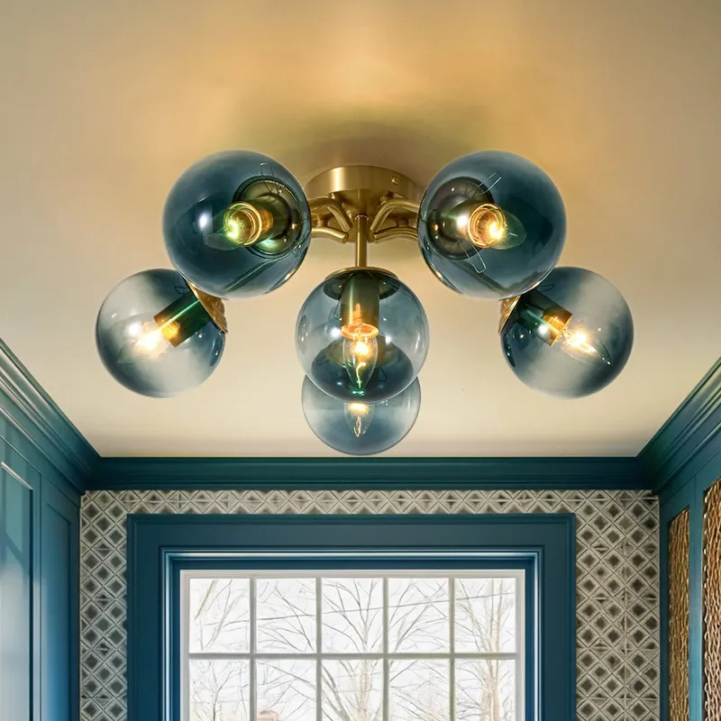 (OpenBox) Bloom Brass Blue Glass Bubble Semi Flush Chandelier — LightFixturesUSA LED Pendant Lights 40.0W 