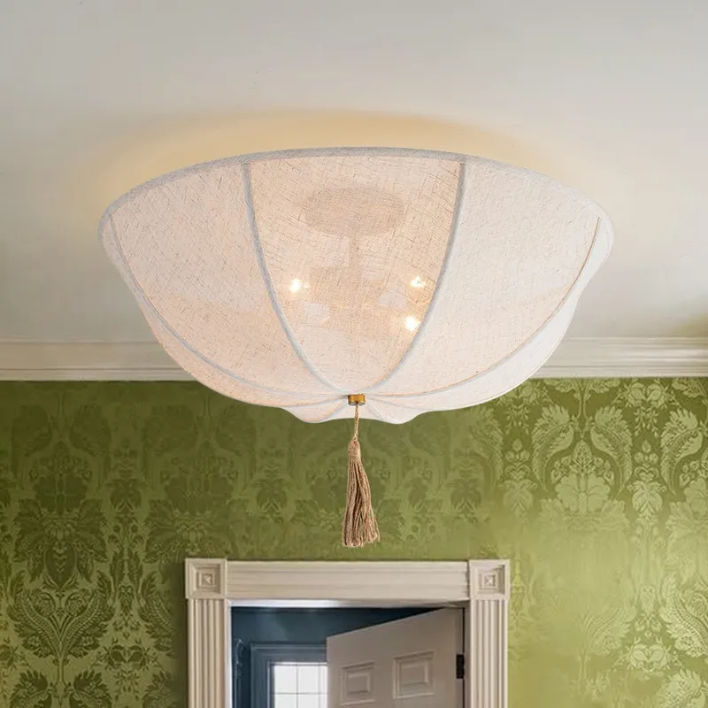Boho Fabric Linen Round Scalloped Cage Semi Flush Mount — LightFixturesUSA LED Ceiling Lights 40.0W 