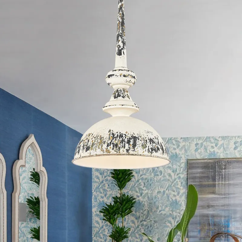 1-Light Shabby Chic Distressed Beige Metal Dome Pendant — LightFixturesUSA LED Pendant Lights 60.0W 