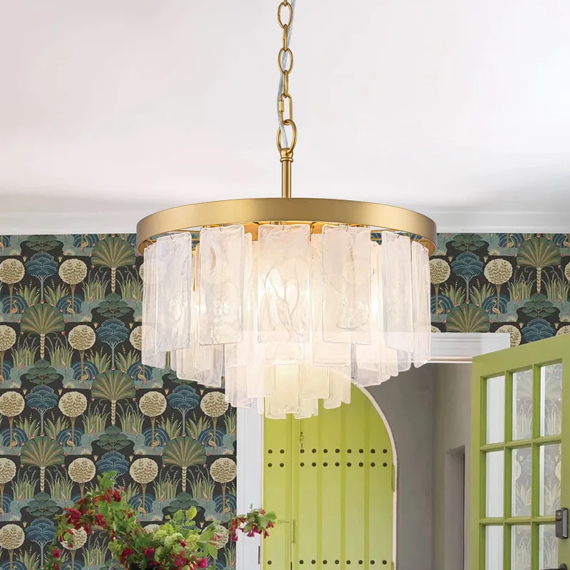 Brass Round Tiered Opal Swirl Glass Pendant Chandelier — LightFixturesUSA LED Pendant Lights 40.0W 