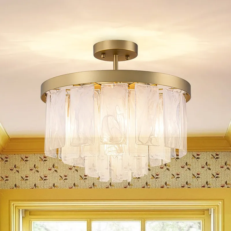 Tiered Opal Swirl Glass Round Semi Flush Mount Chandelier — LightFixturesUSA LED Pendant Lights 40.0W 