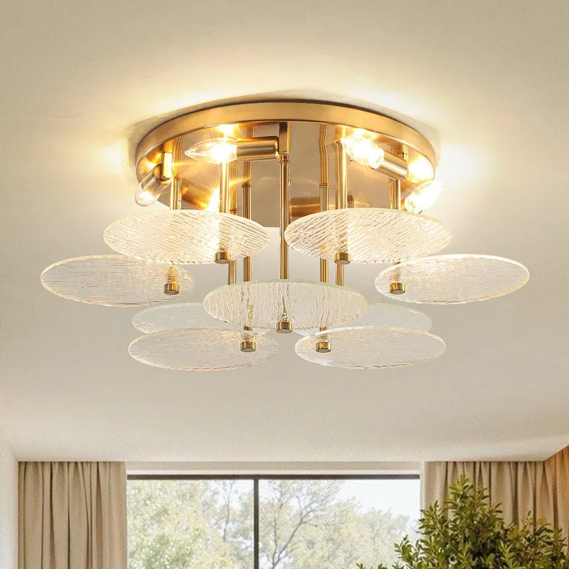 Bloom Brass 6-Light Tiered Rippled Glass Round Semi Flush Mount — LightFixturesUSA LED Ceiling Lights 60.0W 