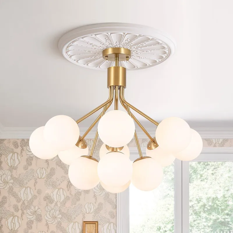 Bloom Opal Glass Bubble Tiered Sputnik Semi Flush Chandelier — LightFixturesUSA LED Pendant Lights 40.0W 
