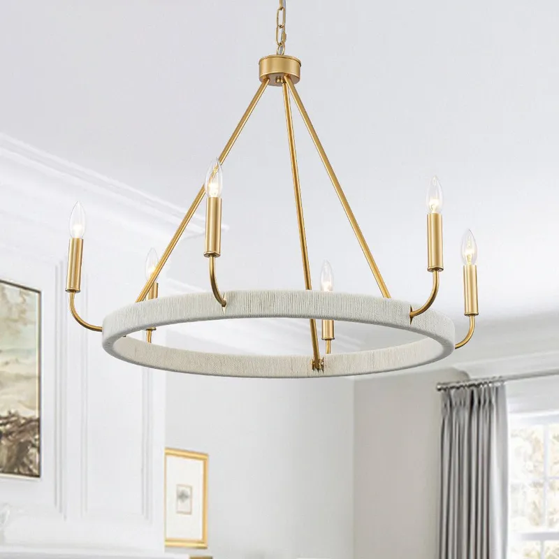 Boho 6-Light Woven String Candle Wagon Wheel Chandelier — LightFixturesUSA LED Pendant Lights 60.0W 
