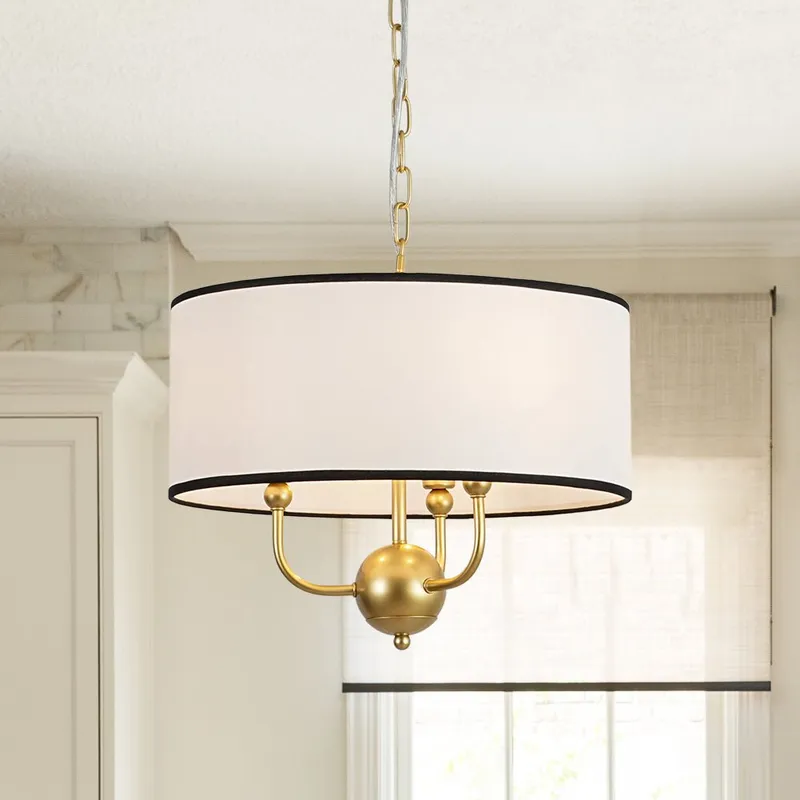 3-Light White Fabric Candle Style Round Drum Cage Pendant — LightFixturesUSA LED Pendant Lights 60.0W 