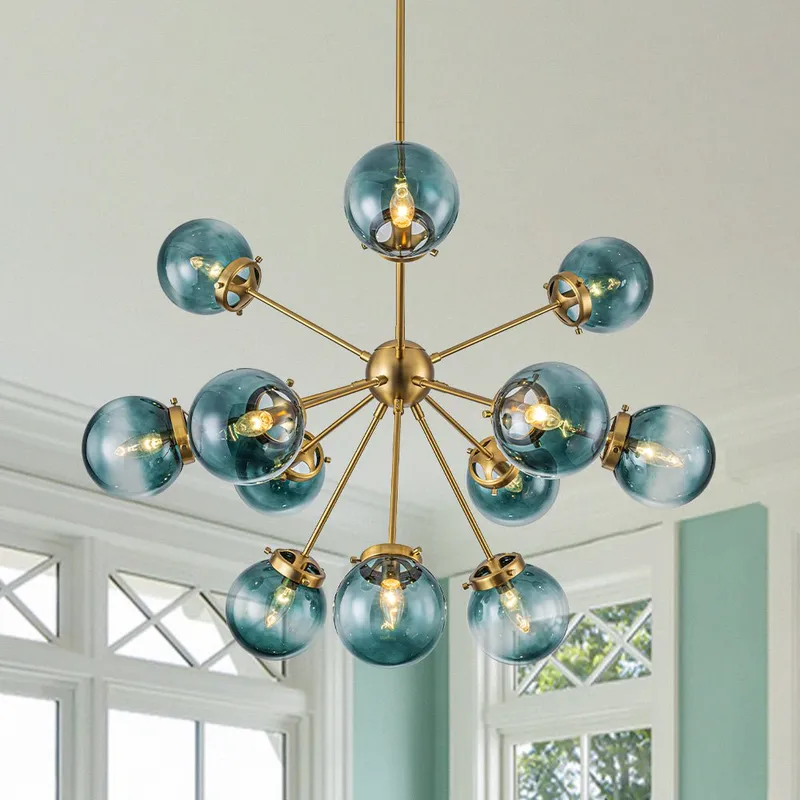 Glam 12-light Blue Glass Globe Sputnik Bubble Chandelier — LightFixturesUSA LED Pendant Lights 40.0W 