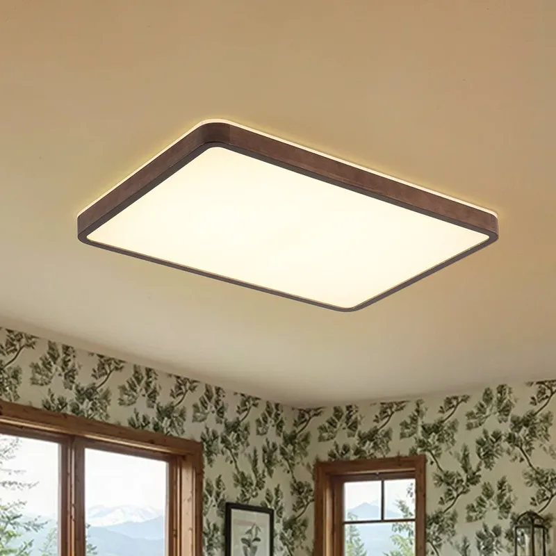 Rustic Rectangle Walnut Wooden Dimmable LED Flush Mount — LightFixturesUSA LED Ceiling Lights 88.0W 2700K
