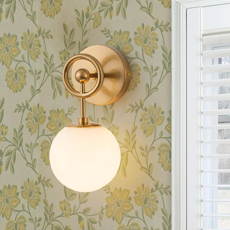 Mid-Century 1-Light Opal Glass Globe Armed Vanity Wall Sconce — LightFixturesUSA LED Wall Lights 40.0W 