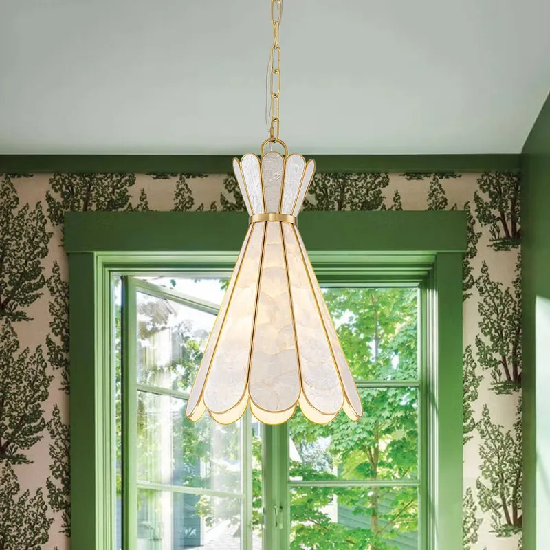 Sculptural Bloom 1-Light Brass Capiz Shell Glass Pendant — LightFixturesUSA LED Pendant Lights 60.0W 
