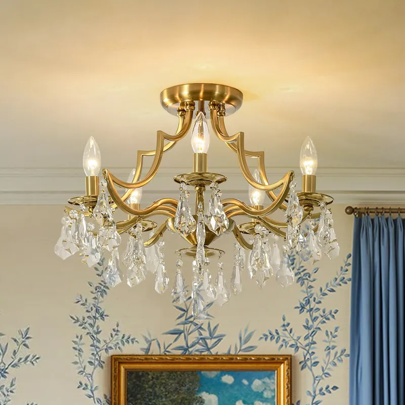 Brass 5-Light Candle Style Crystal Crown Semi Flush Mount — LightFixturesUSA LED Ceiling Lights 60.0W 