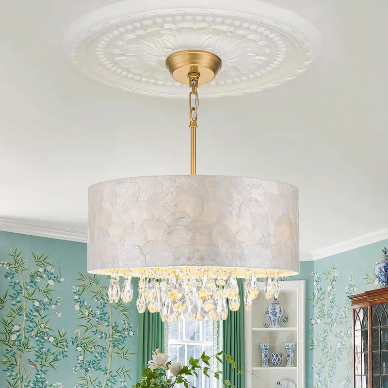 4-Light Crystal Accented Capiz Shell Drum Lantern Pendant — LightFixturesUSA LED Pendant Lights 60.0W 