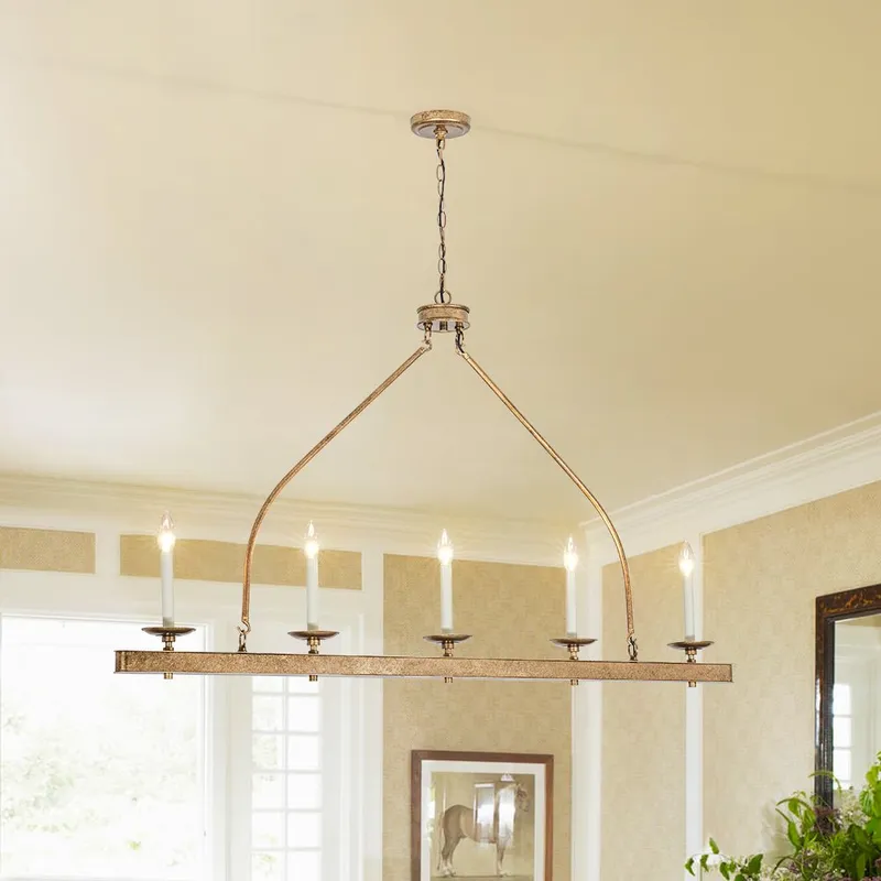 5-Light French Distressed Gold Candle Linear Island Chandelier — LightFixturesUSA LED Linear Lights 60.0W 