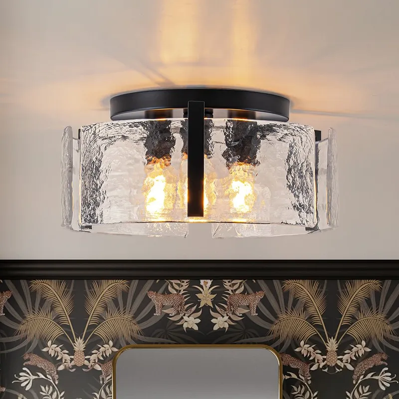 3-Light Water Textured Glass Drum Cage Semi Flush Mount — LightFixturesUSA LED Ceiling Lights 40.0W 