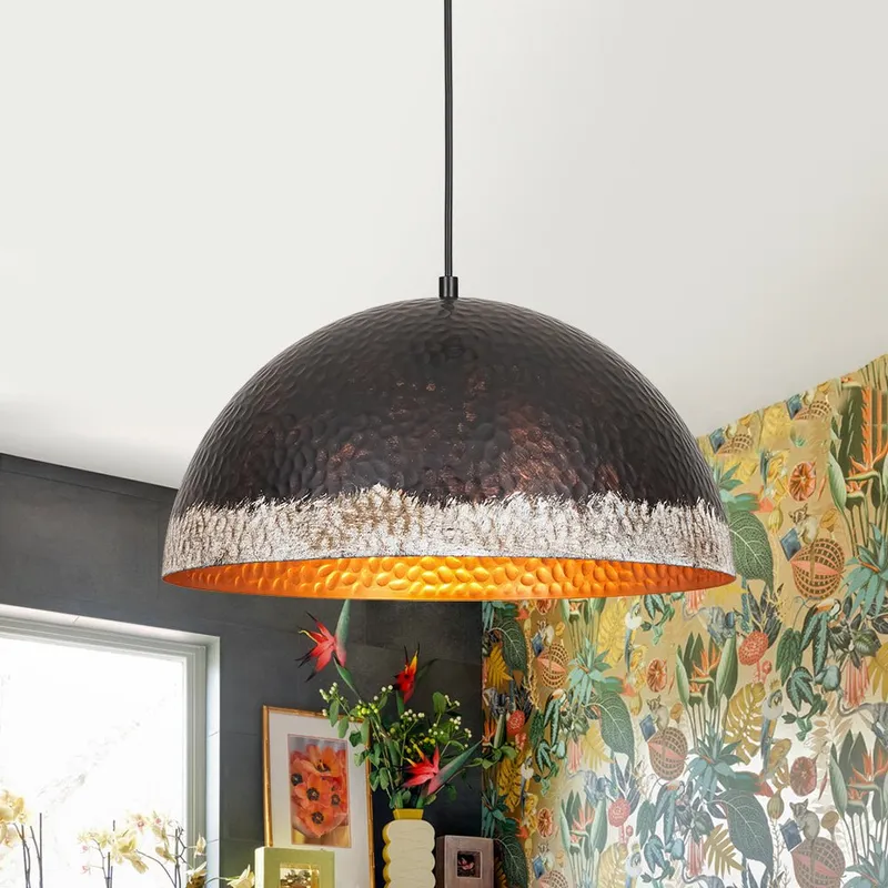 Industrial Dark Rusty Hammered Metal Dome Pendant — LightFixturesUSA LED Pendant Lights 60.0W 