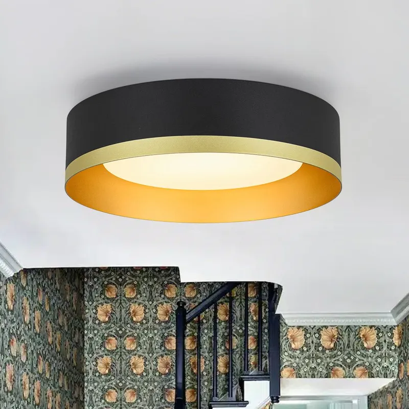 Dimmable LED Black Gold Iron Milky Glass Drum Flush Mount — LightFixturesUSA LED Ceiling Lights 23.0W 3000K