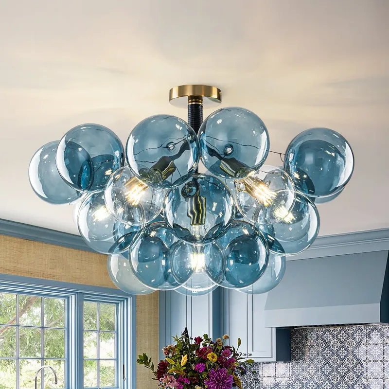 Modern Cluster Blue Glass Bubble Semi Flush Chandelier — LightFixturesUSA LED Pendant Lights 6.0W 