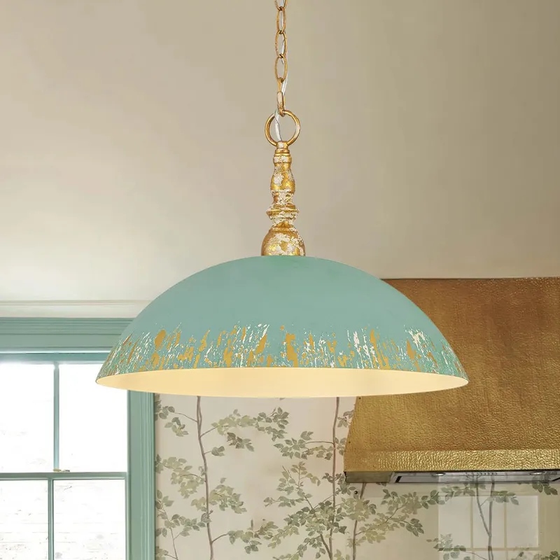 French Country Distressed Teal Gold Flat Dome Metal Pendant — LightFixturesUSA LED Pendant Lights 60.0W 
