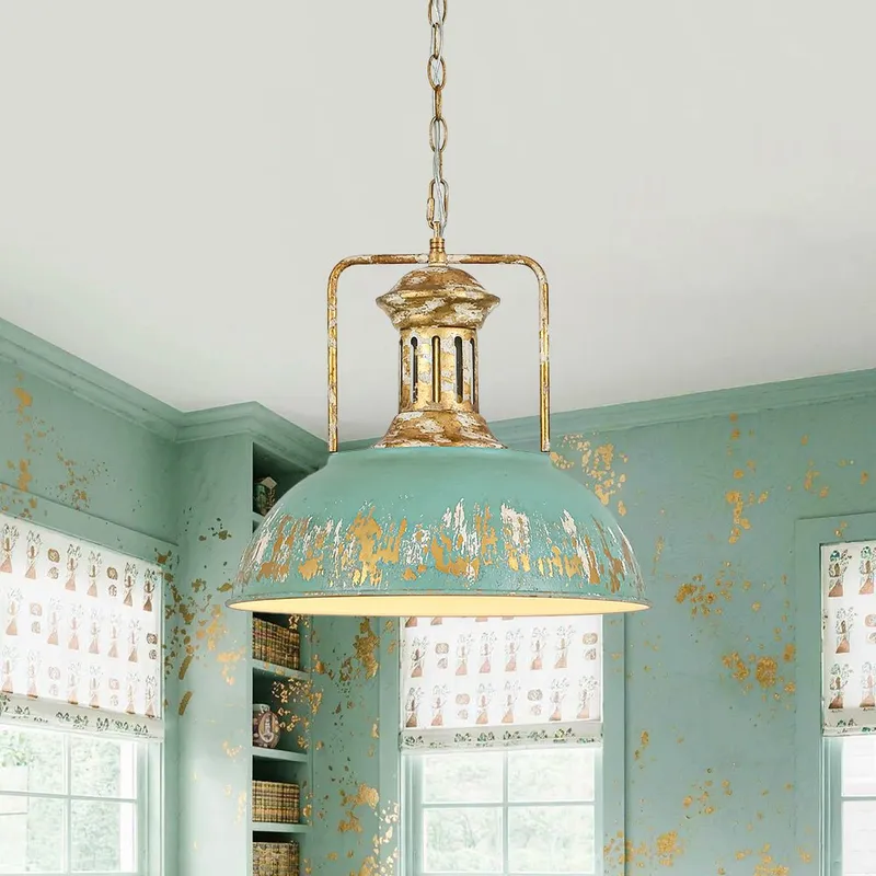 Industrial Farmhouse Distressed Teal Gold Metal Dome Pendant — LightFixturesUSA LED Pendant Lights 60.0W 