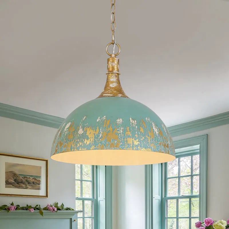Shabby Chic Distressed Gilded Patina Teal Dome Pendant Light — LightFixturesUSA LED Pendant Lights 60.0W 