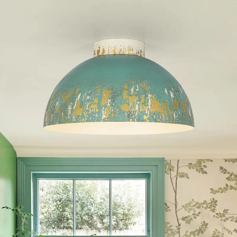 French Country Weathered Gilded Patina Teal Dome Flush Mount — LightFixturesUSA LED Pendant Lights 60.0W 