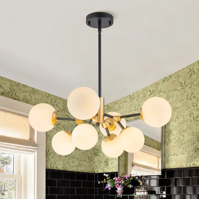 8-Light Black Brass White Glass Globe Round Sputnik Chandelier — LightFixturesUSA LED Pendant Lights 25.0W 
