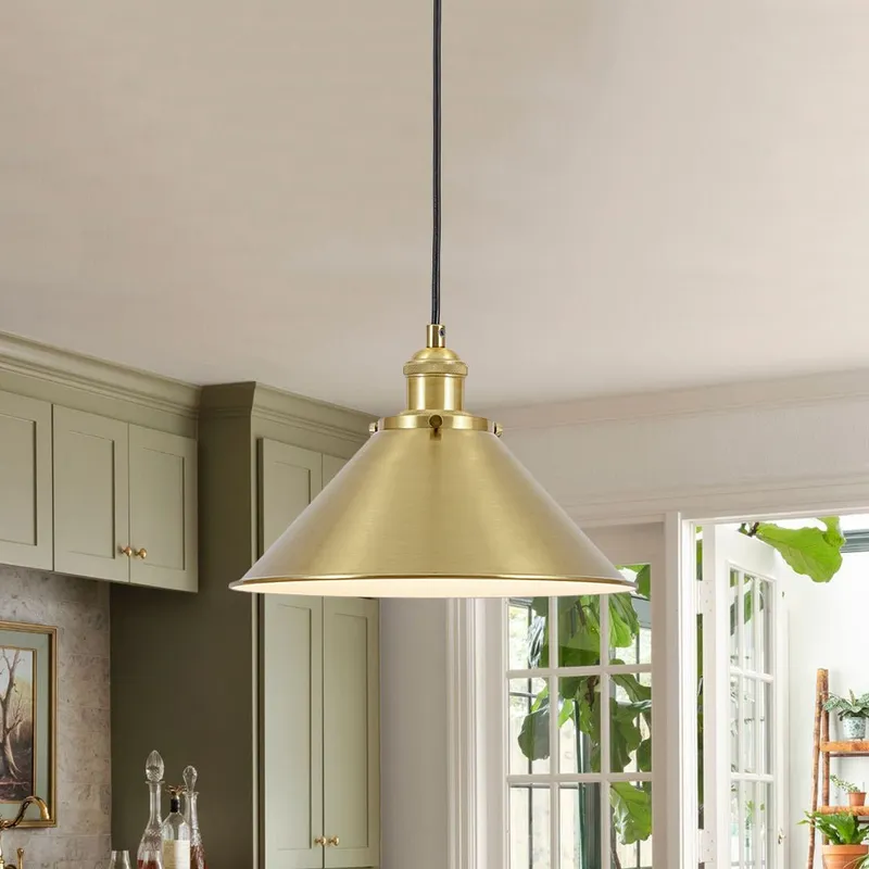 Simple Brass 1-Light Metal Flat Conical Kitchen Pendant — LightFixturesUSA LED Pendant Lights 60.0W 