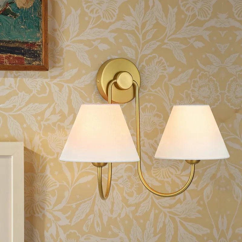 French 2-Light White Linen Conical Vanity Wall Lamp — LightFixturesUSA LED Wall Lights 60.0W 