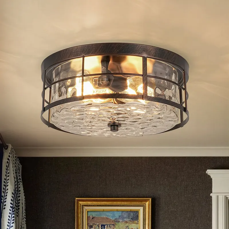 Vintage 2-Light Hammered Glass Round Drum Flush Mount — LightFixturesUSA LED Ceiling Lights 60.0W 