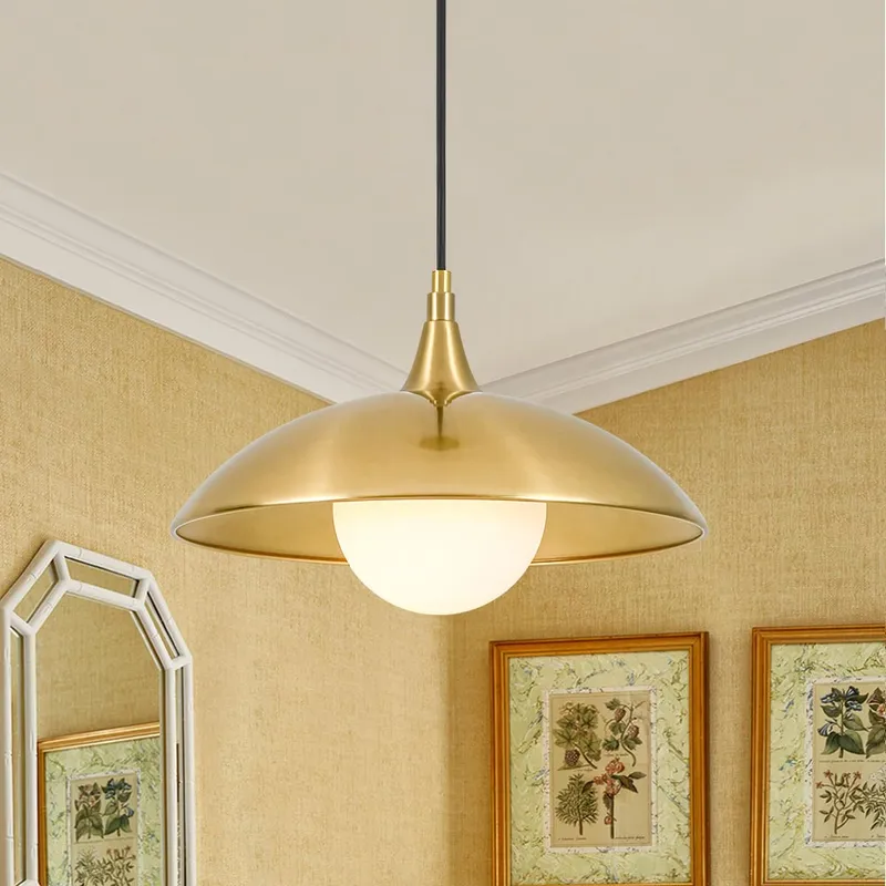 Retro 1-Light Brass Iron Flat Dome Kitchen Pendant — LightFixturesUSA LED Pendant Lights 40.0W 