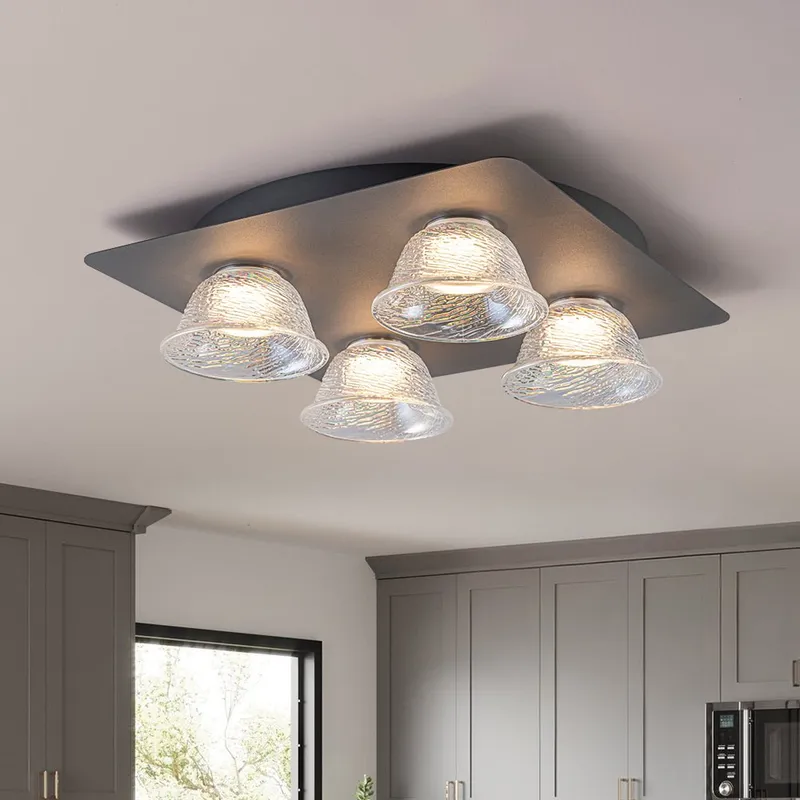 4-Light Iridescent Glass Bell LED Square Semi Flush Mount — LightFixturesUSA LED Ceiling Lights 23.0W 3000K