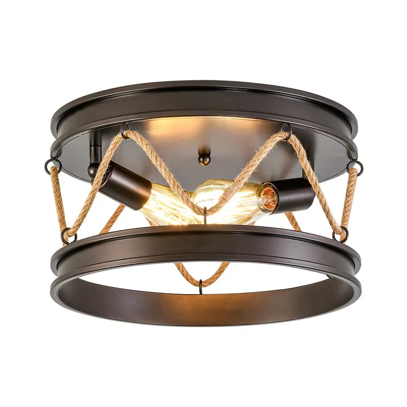 Farmhouse 2-Light Hemp Rope Iron Drum Cage Flush Mount — LightFixturesUSA LED Ceiling Lights 60.0W 