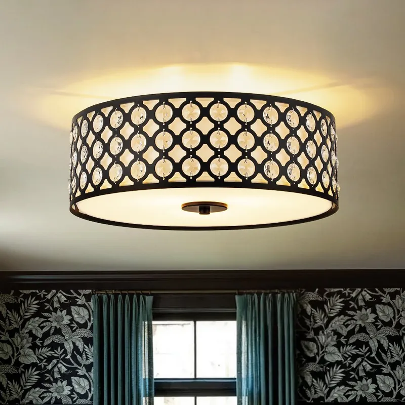 3-Light Round Drum Crystal Accented Fabric Flush Mount — LightFixturesUSA LED Ceiling Lights 60.0W 