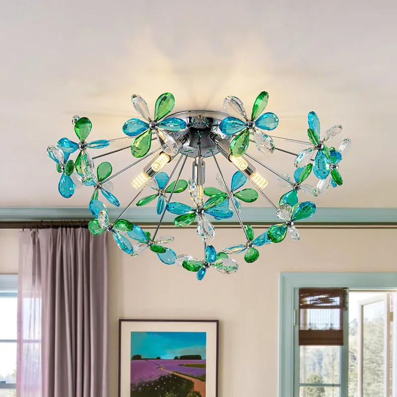 5-Light Bloom Green Blue Crystal Dandelion Semi Flush Mount — LightFixturesUSA LED Pendant Lights 25.0W 