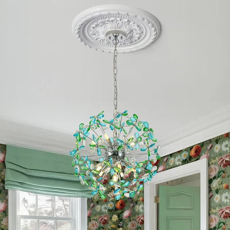 Glam Bloom Green Blue Crystal Flower Dandelion Chandelier — LightFixturesUSA LED Pendant Lights 25.0W 